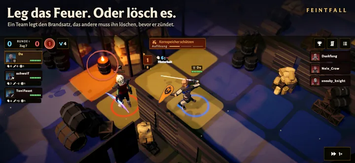 Ein Verteidiger löscht den brennenden Brandsatz, ein Angreifer schlägt von hinten zu