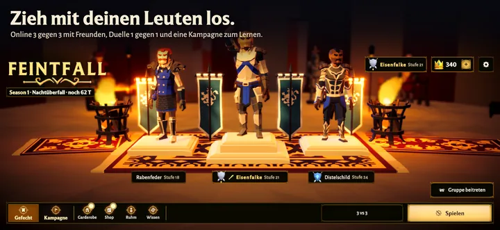 Eine Gruppe aus drei Spielern im Zelt vor dem Match
